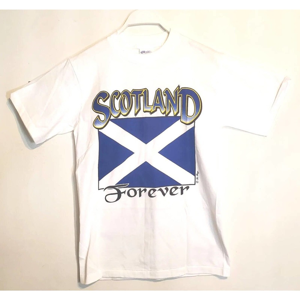 Vintage Scotland Forever t-Shirt Men's Small White tee Blue Flag Single Stitch
